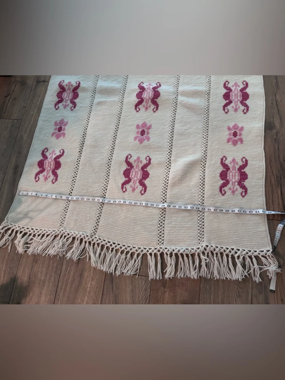 Handmade Crochet Throw Blanket Cream Pink Fringe Boho Cottage Anthro Afghan